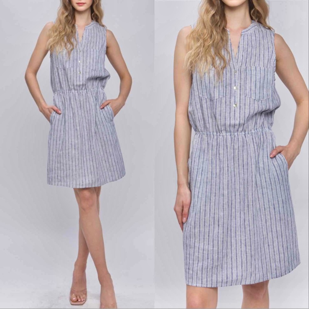BLUE STRIPED LINEN DRESS - WITH POCKETS - Picture 1 of 4